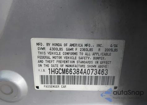 2004 Honda Accord 3.0 Lx z USA, uszkodzony, nr VIN 1HGCM66384A073463